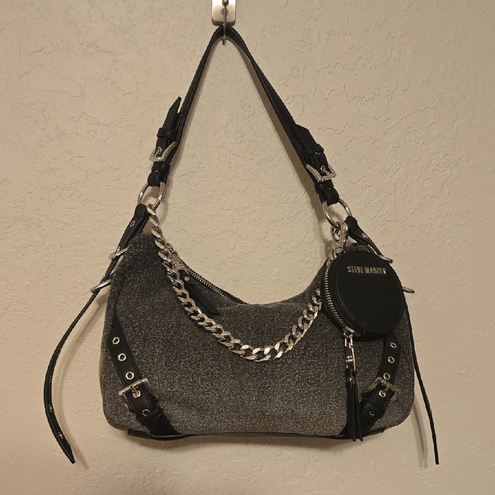 Steve Madden Black and Gray Shoulder Bag with Chain Detail